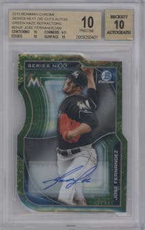 Jose Fernandez from the 2015 Bowman Chrome set featuring a Green Haze Refractor parallel graded by Beckett and given an overall grade of 10.