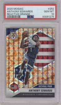 Anthony Edwards from the 2020-21 Panini Mosaic set featuring a Reactive Orange parallel graded by PSA and given an overall grade of 10.