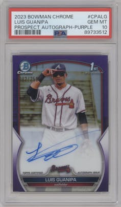 Luis Guanipa from the 2023 Bowman Chrome set featuring a Purple Refractor parallel graded by PSA and given an overall grade of 10.