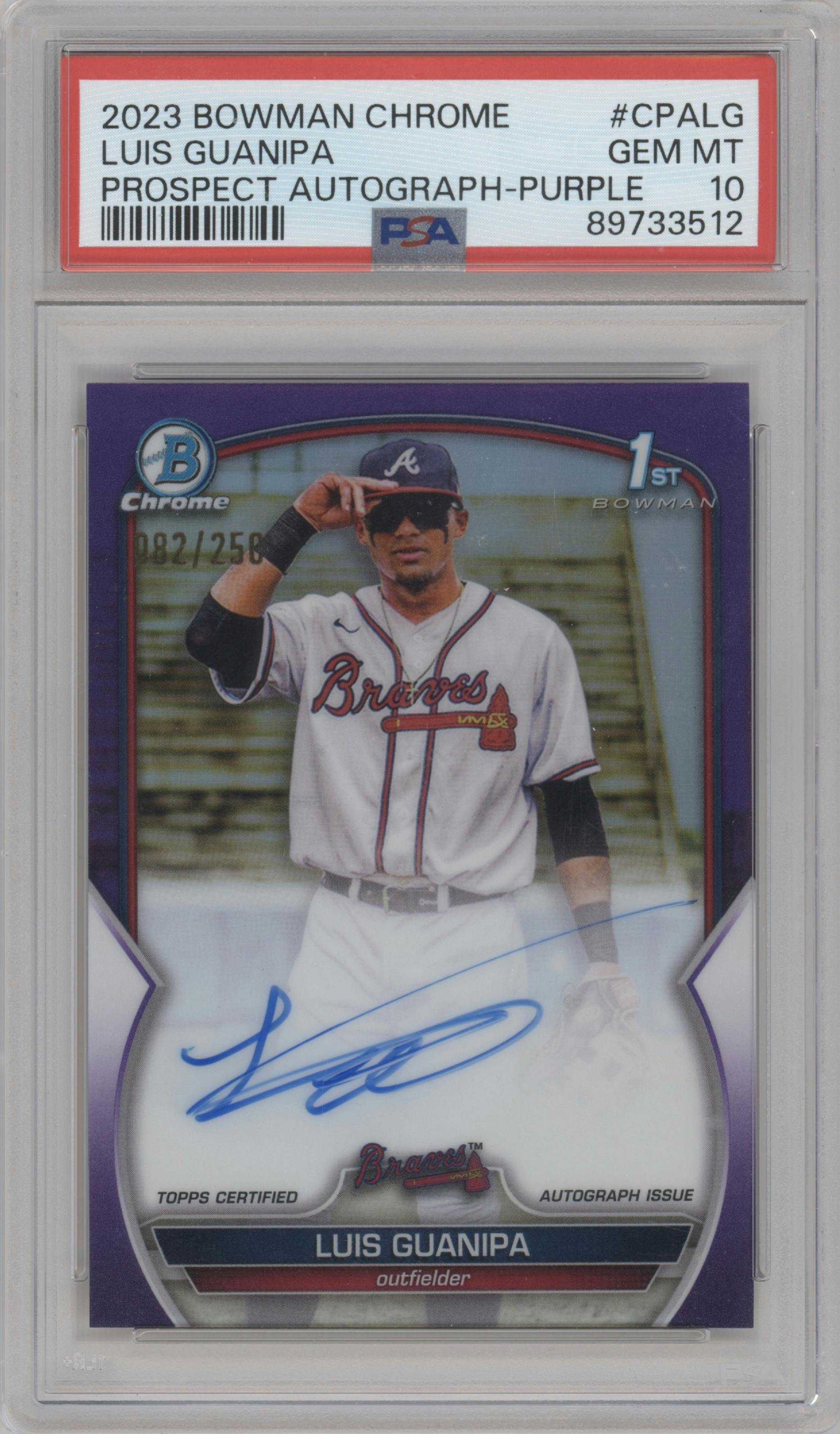 Luis Guanipa from the 2023 Bowman Chrome set featuring a Purple Refractor parallel graded by PSA and given an overall grade of 10.