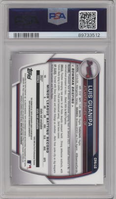 Luis Guanipa from the 2023 Bowman Chrome set featuring a Purple Refractor parallel graded by PSA and given an overall grade of 10.