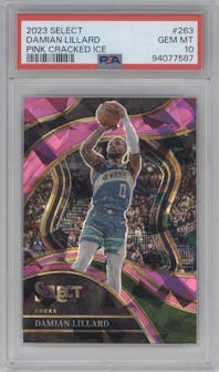 Damian Lillard from the 2023-24 Panini Select  set featuring a Pink Cracked Ice parallel graded by PSA and given an overall grade of 10.