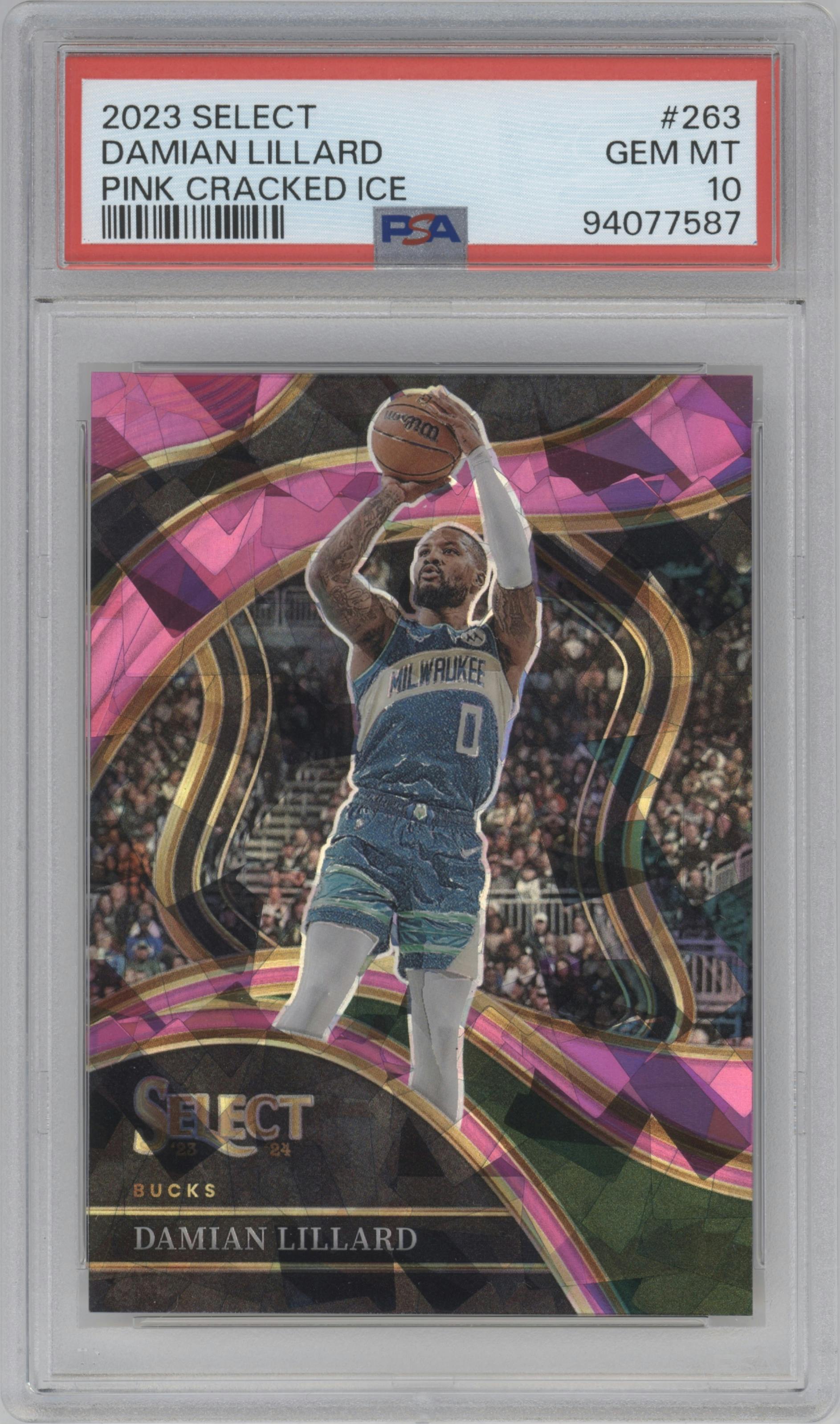 Damian Lillard from the 2023-24 Panini Select  set featuring a Pink Cracked Ice parallel graded by PSA and given an overall grade of 10.