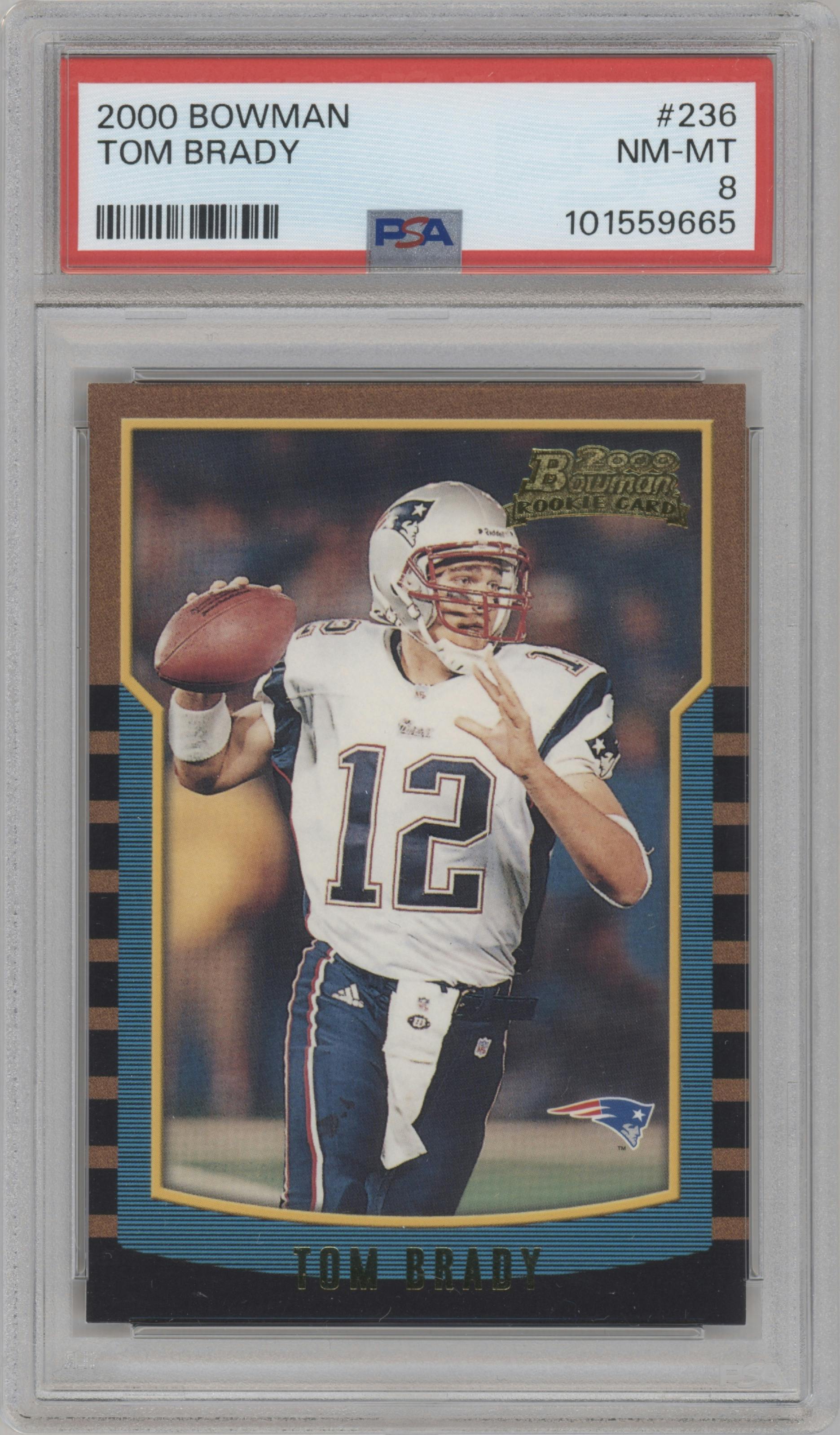 Tom Brady from the 2000 Bowman set graded by PSA and given an overall grade of 8.