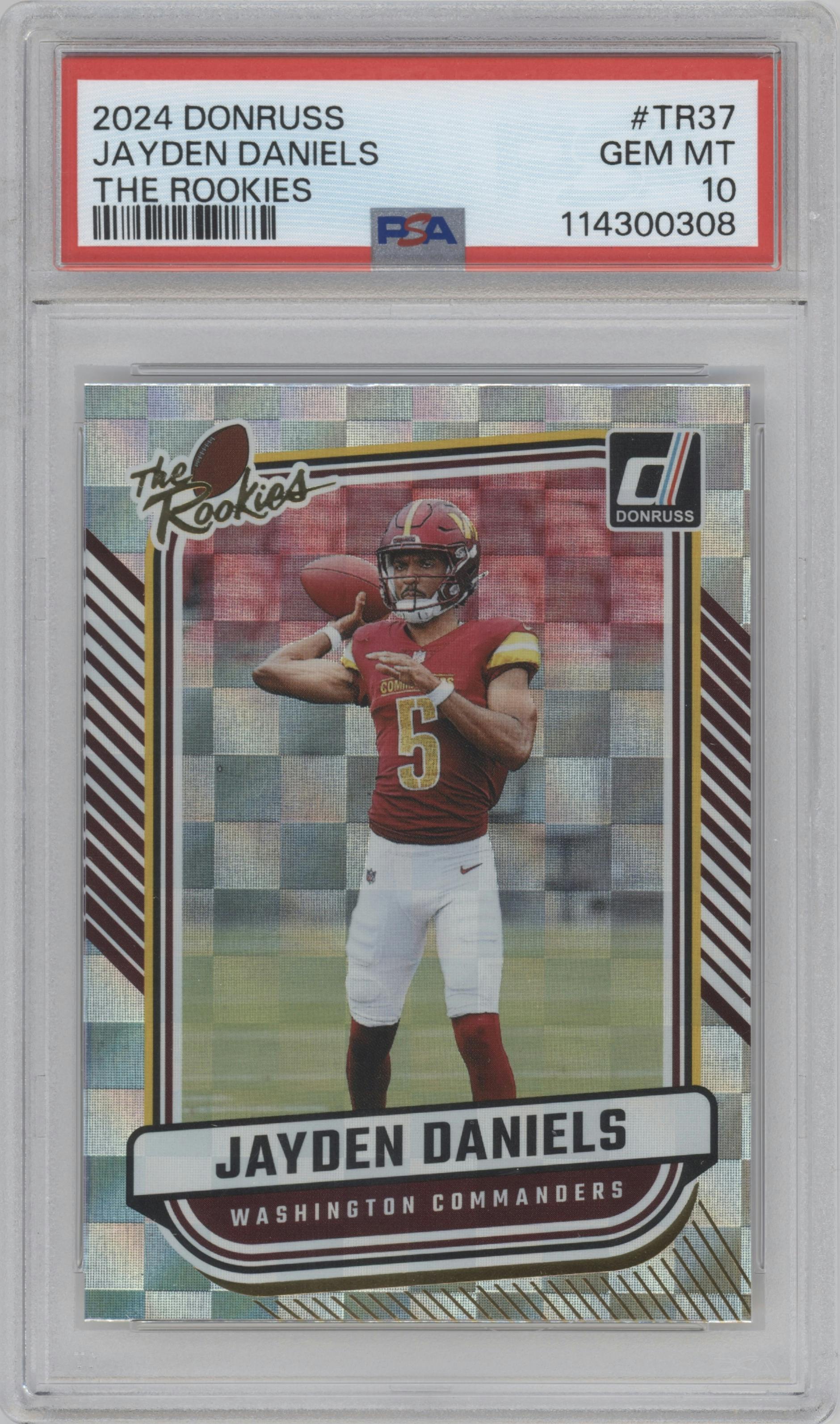 Jayden Daniels from the 2024 Donruss set graded by PSA and given an overall grade of 10.