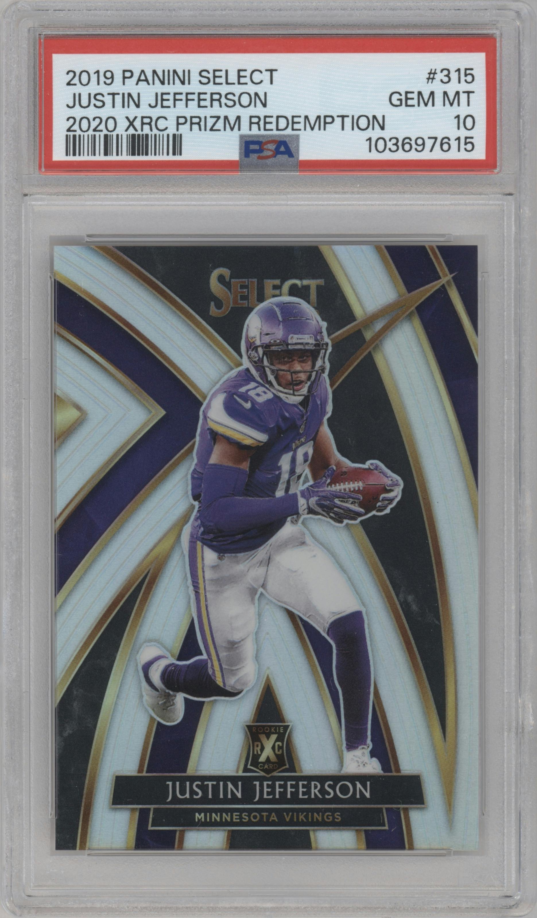 Justin Jefferson from the 2019 Panini Select  set graded by PSA and given an overall grade of 10.