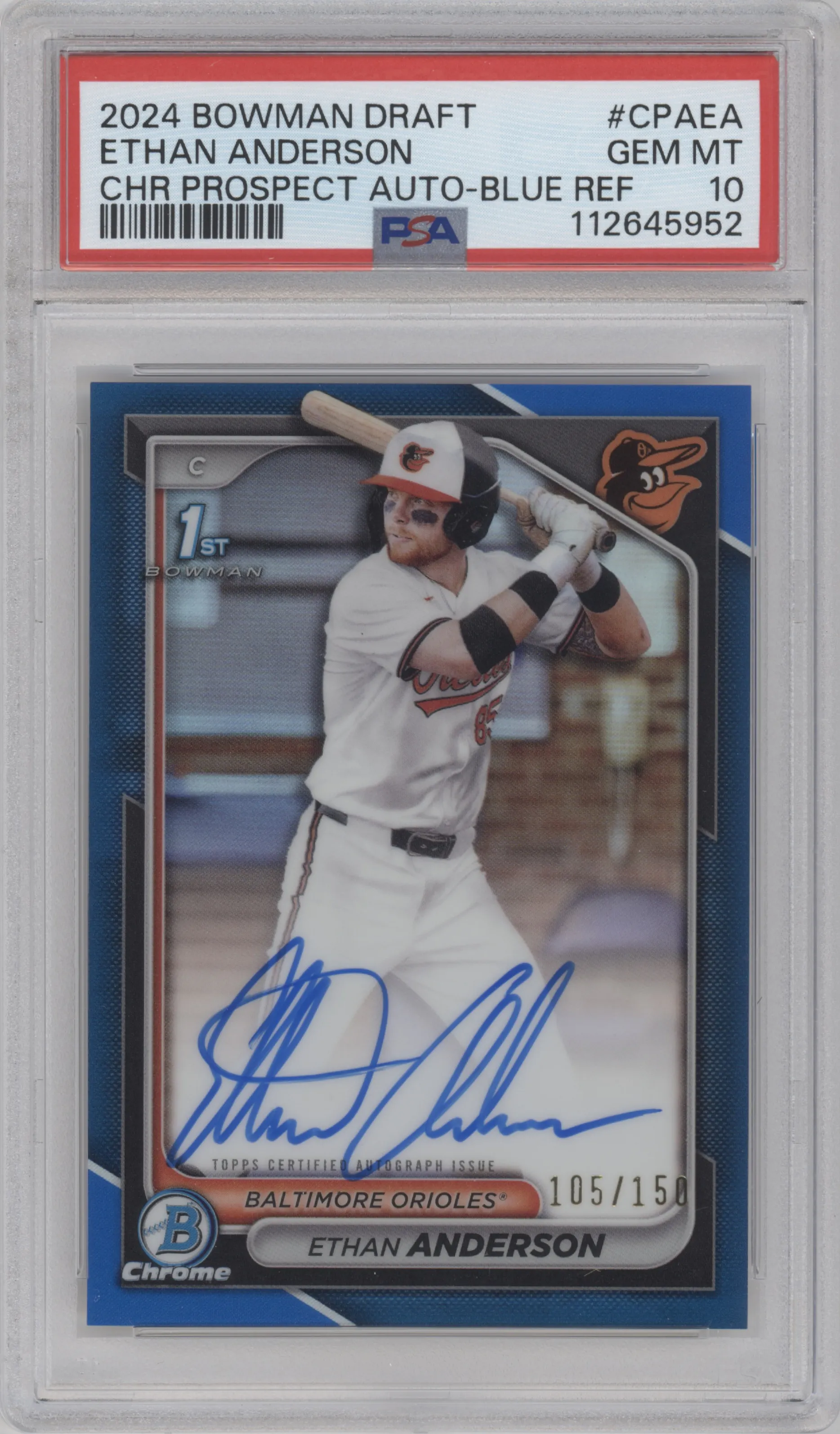 2024 Bowman Draft Chr.Pros.Auto Ethan Anderson Blue Refractor PSA 10