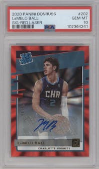 LaMelo Ball from the 2020-21 Panini Donruss set featuring a Red Laser parallel graded by PSA and given an overall grade of 10.