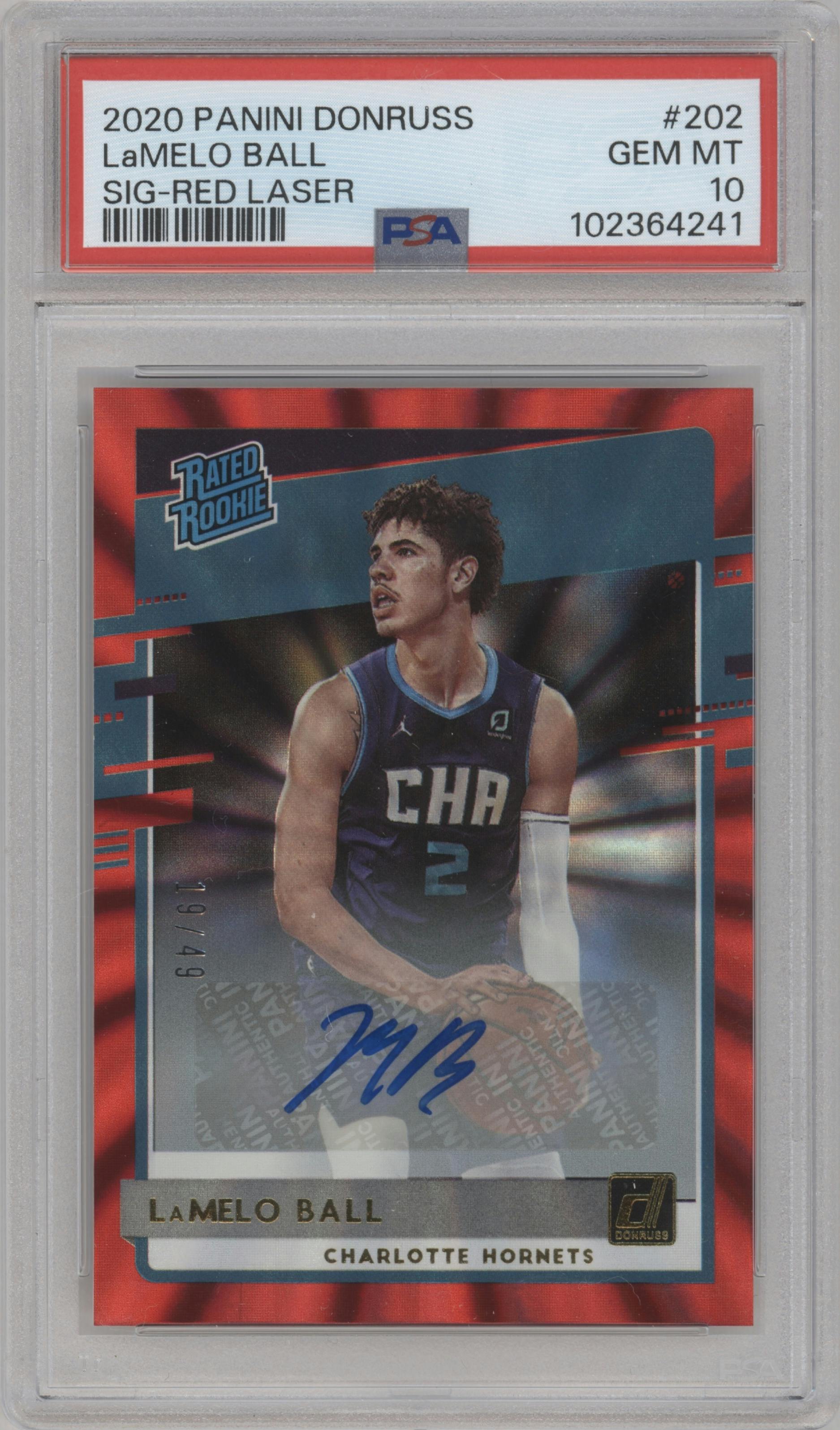 LaMelo Ball from the 2020-21 Panini Donruss set featuring a Red Laser parallel graded by PSA and given an overall grade of 10.
