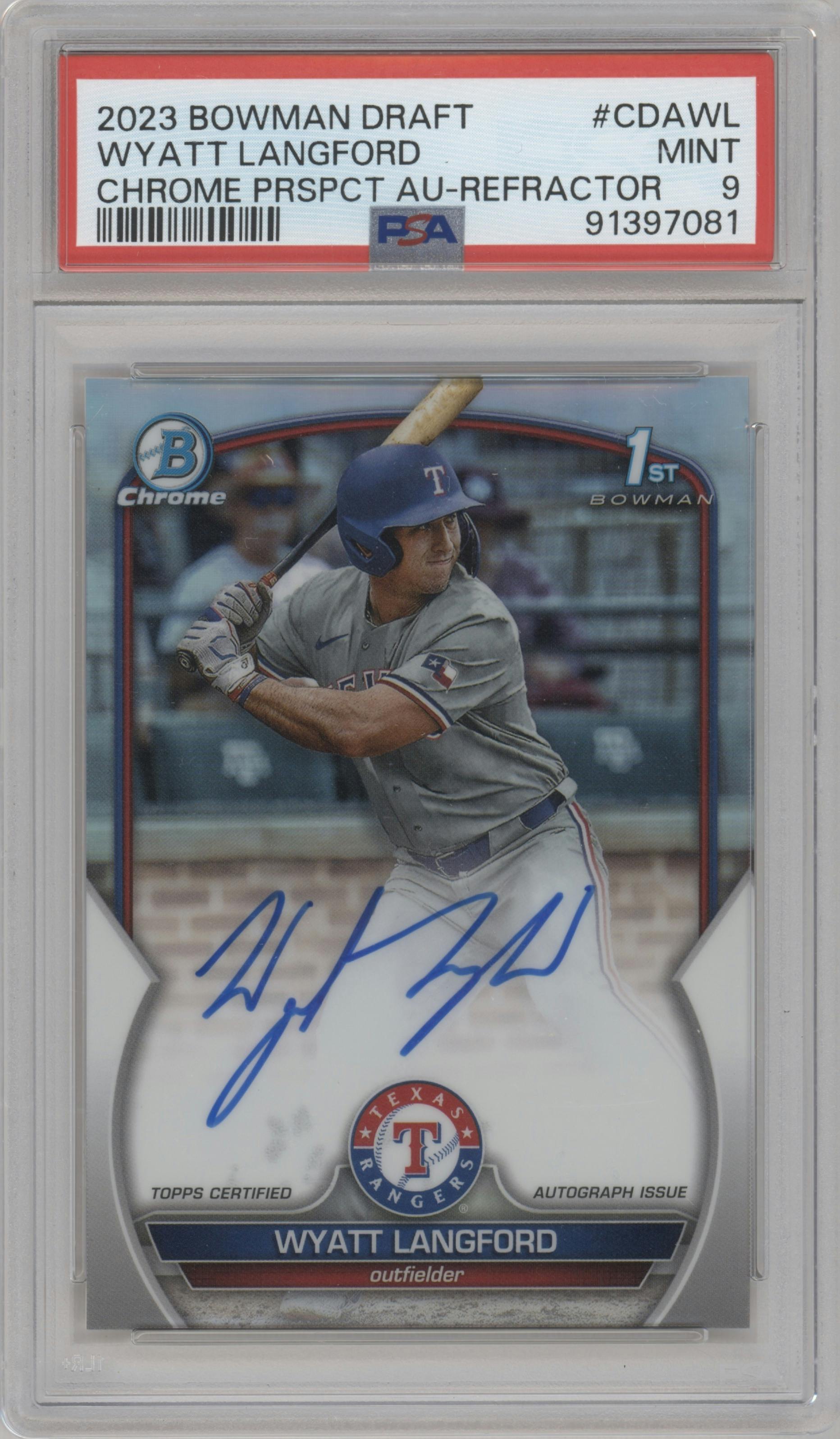Wyatt Langford from the 2023 Bowman Draft set featuring a Refractor parallel graded by PSA and given an overall grade of 9.