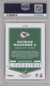 Patrick Mahomes II from the 2021 Panini Donruss set featuring a Press Proof Premium parallel graded by PSA and given an overall grade of 10.