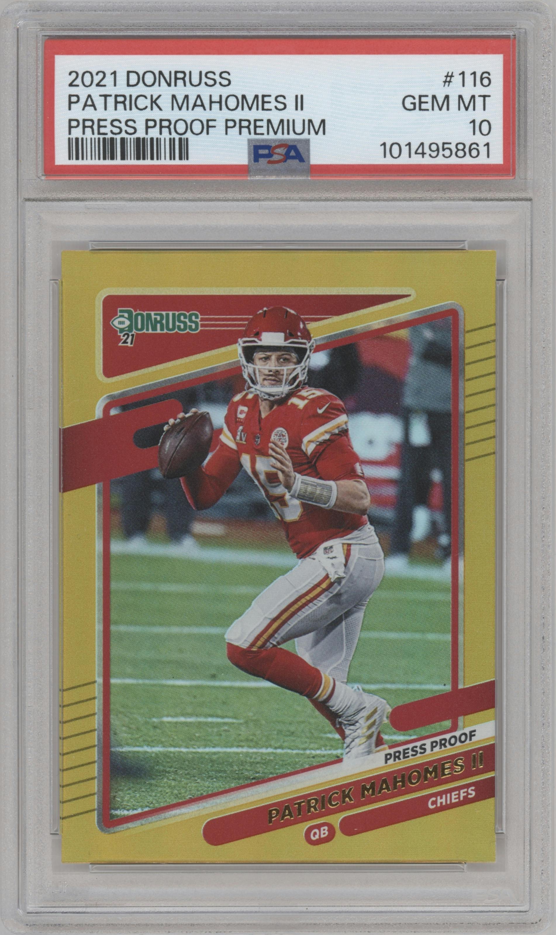 Patrick Mahomes II from the 2021 Panini Donruss set featuring a Press Proof Premium parallel graded by PSA and given an overall grade of 10.