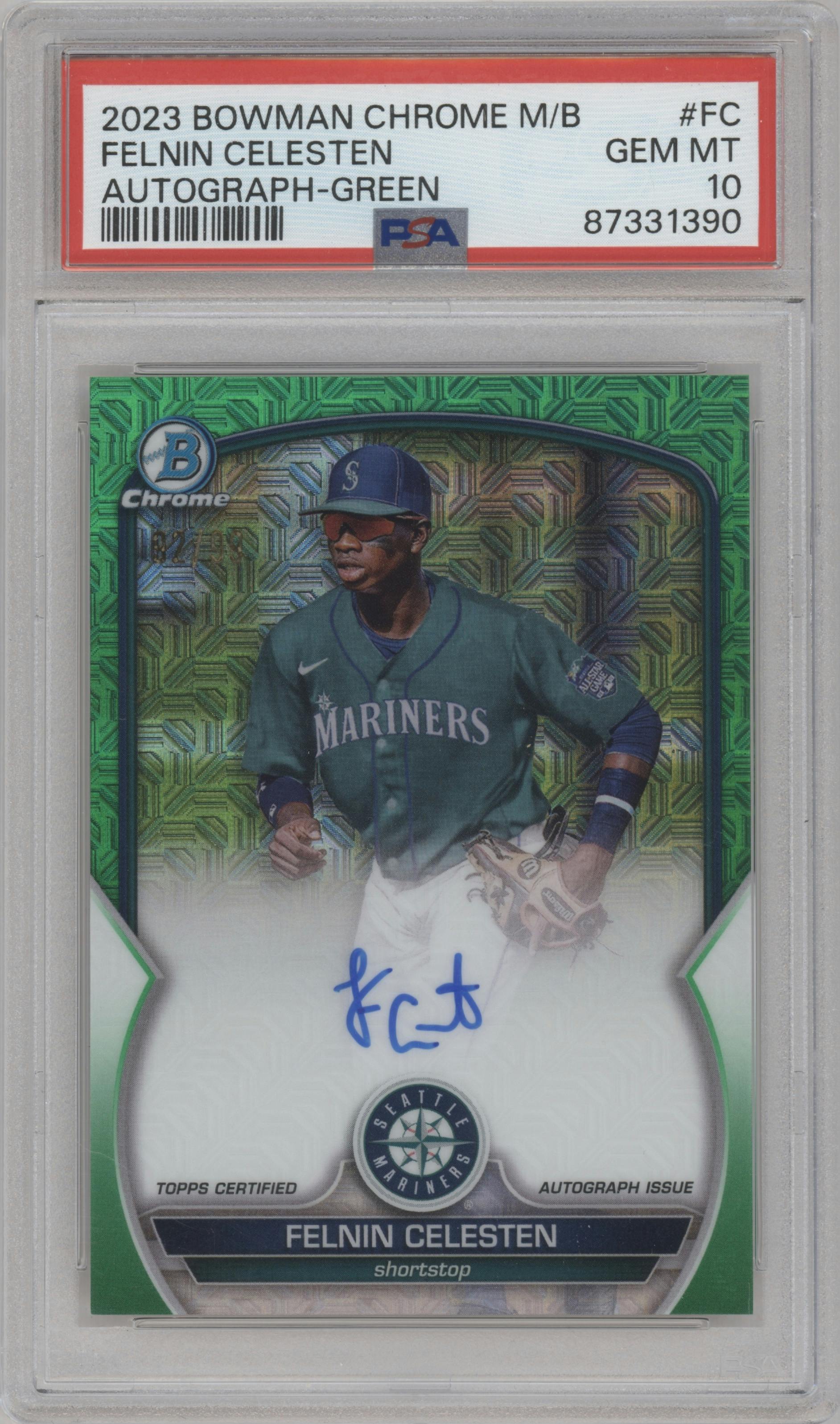 Felnin Celesten from the 2023 Bowman Chrome Mega Box set featuring a Green Refractor parallel graded by PSA and given an overall grade of 10.