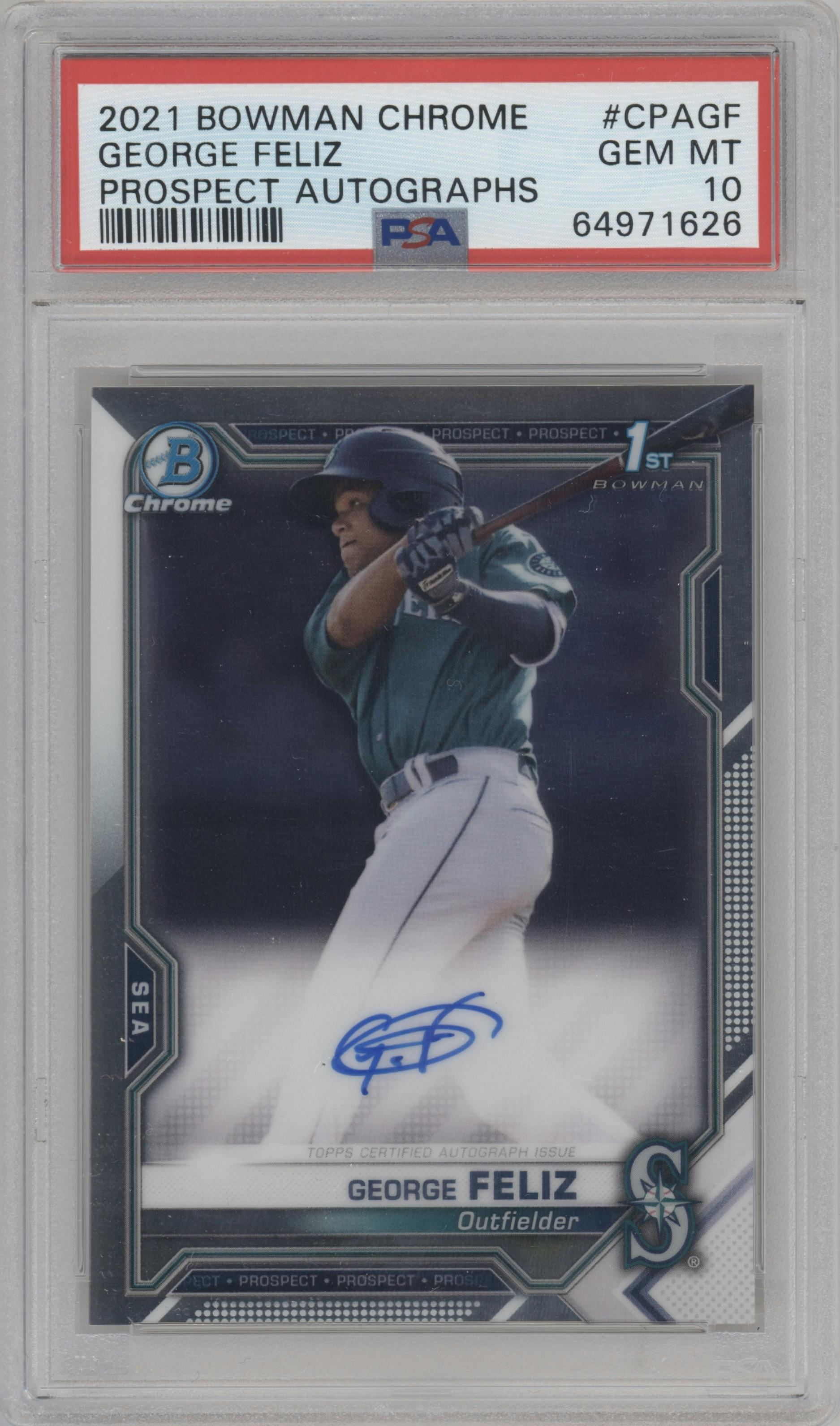 George Feliz from the 2021 Bowman Chrome set graded by PSA and given an overall grade of 10.