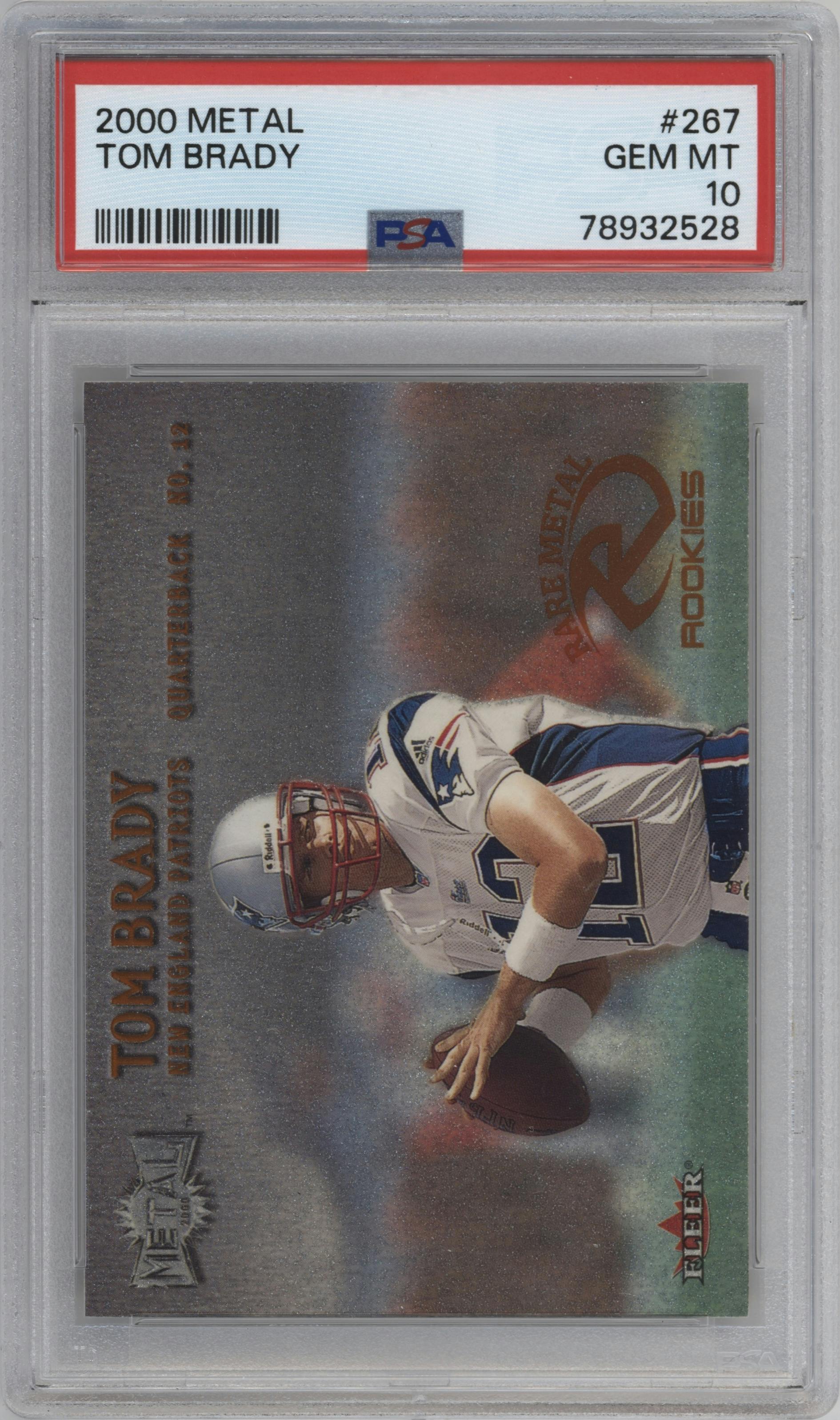 Tom Brady from the 2000 Fleer Metal set graded by PSA and given an overall grade of 10.