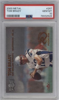 Tom Brady from the 2000 Fleer Metal set graded by PSA and given an overall grade of 10.