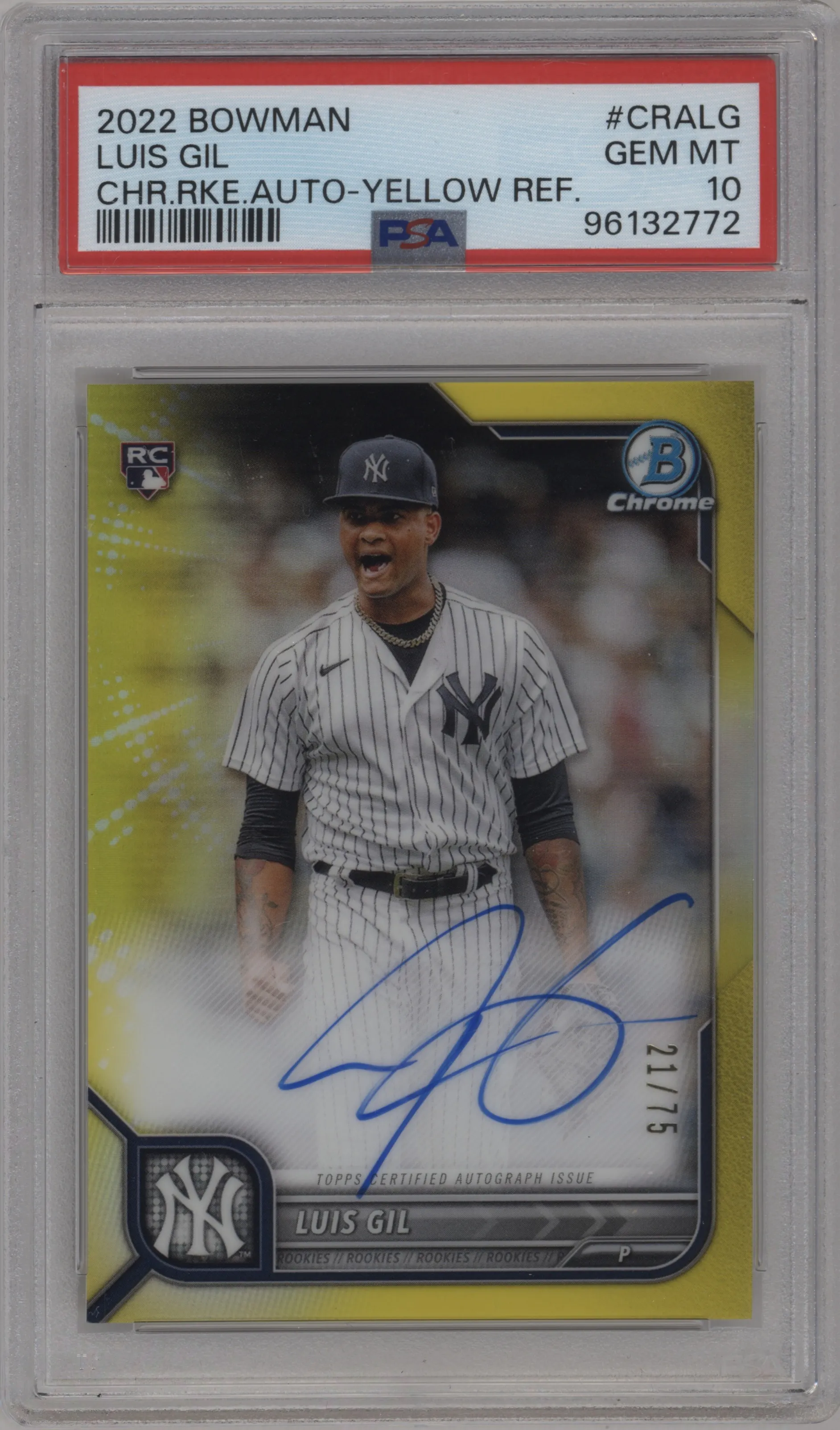 2022 Bowman Chrome Rke.Auto Luis Gil Yellow Refractor PSA 10