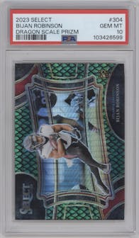 Bijan Robinson from the 2023 Panini Select set featuring a Dragon Scale Prizm parallel graded by PSA and given an overall grade of 10.