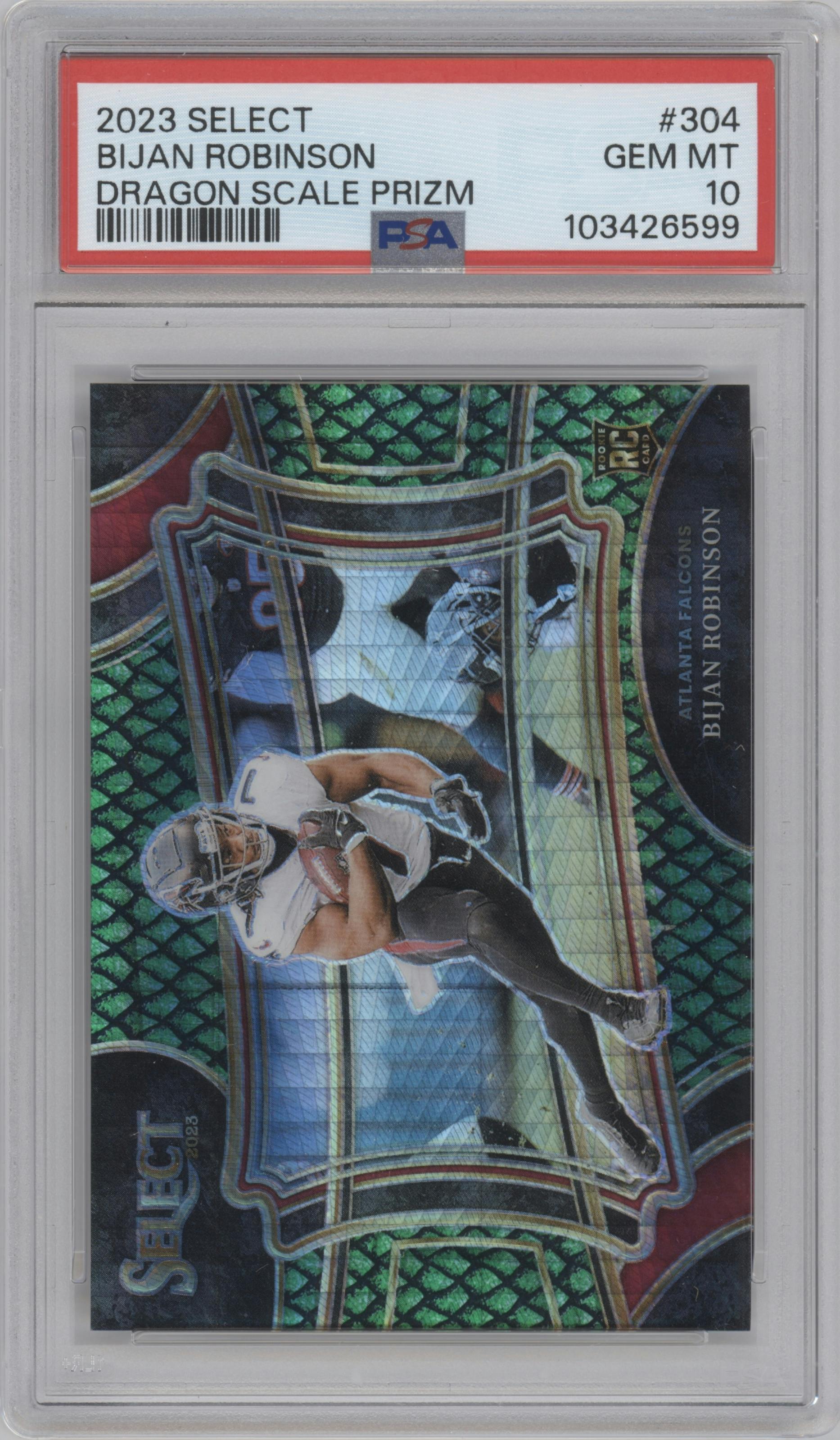 Bijan Robinson from the 2023 Panini Select set featuring a Dragon Scale Prizm parallel graded by PSA and given an overall grade of 10.