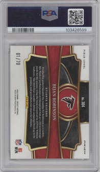 Bijan Robinson from the 2023 Panini Select set featuring a Dragon Scale Prizm parallel graded by PSA and given an overall grade of 10.
