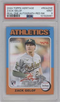 Zack Gelof from the 2024 Topps Heritage set featuring a Special Edition Red Ink parallel graded by PSA and given an overall grade of 9.