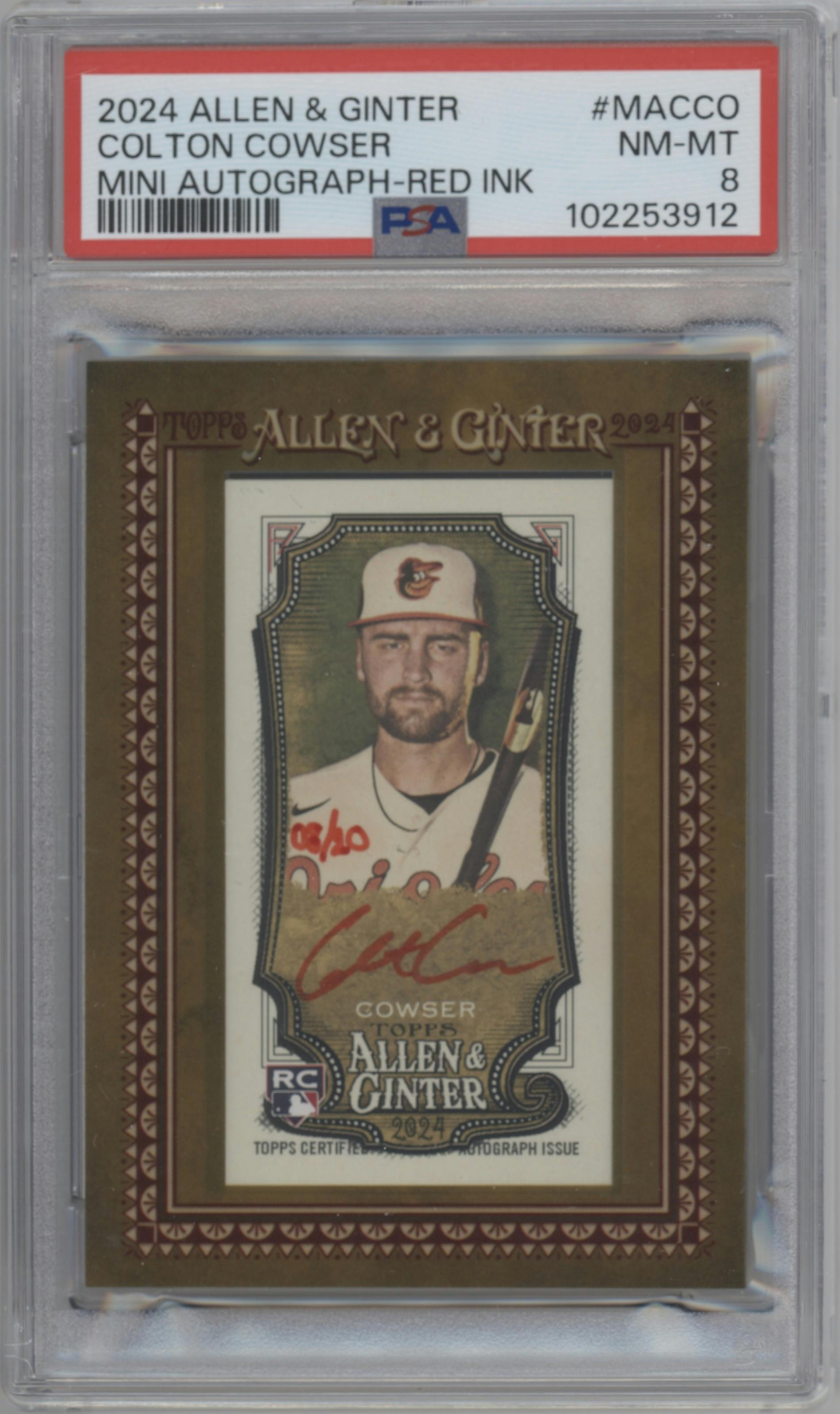 Colton Cowser from the 2024 Topps Allen & Ginter set featuring a Red Ink parallel graded by PSA and given an overall grade of 8.
