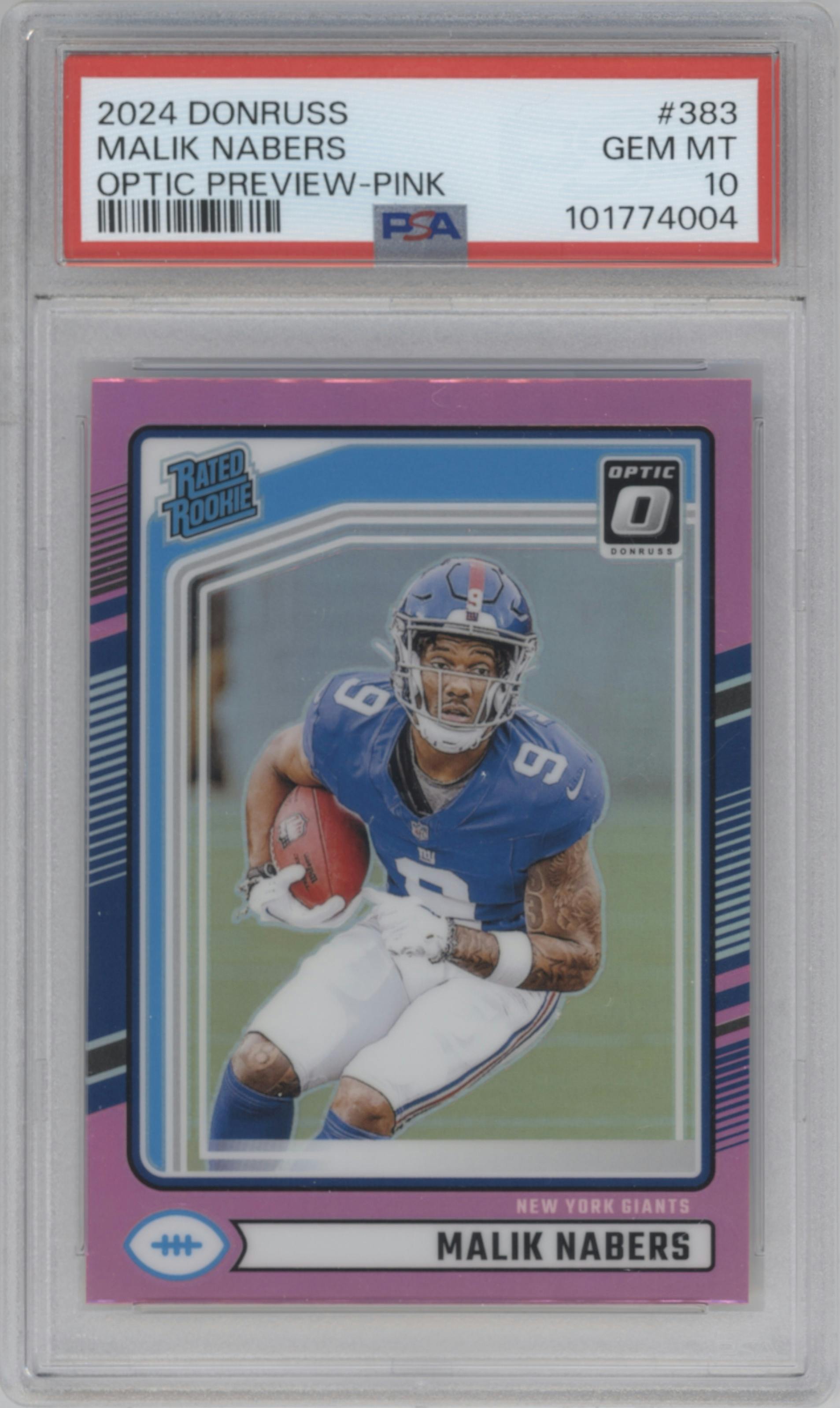 Malik Nabers from the 2024 Donruss set featuring a Pink parallel graded by PSA and given an overall grade of 10.