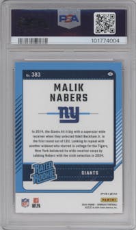 Malik Nabers from the 2024 Donruss set featuring a Pink parallel graded by PSA and given an overall grade of 10.