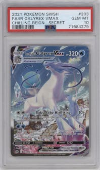 Ice Rider Calyrex VMAX from the 2021 Pokemon SWSH set graded by PSA and given an overall grade of 10.