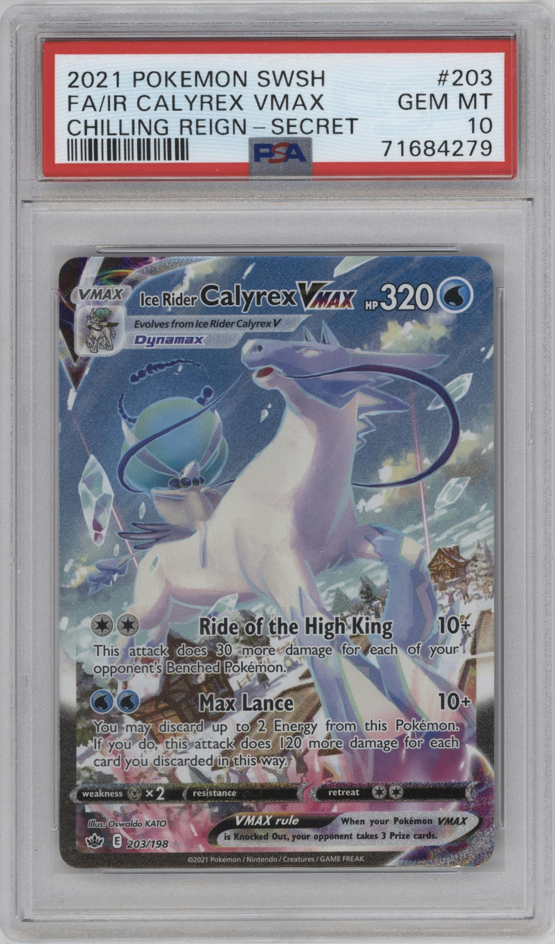 Ice Rider Calyrex VMAX from the 2021 Pokemon SWSH set graded by PSA and given an overall grade of 10.