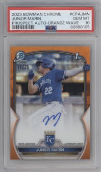 Junior Marin from the 2023 Bowman Chrome set featuring a Orange Wave parallel graded by PSA and given an overall grade of 10.
