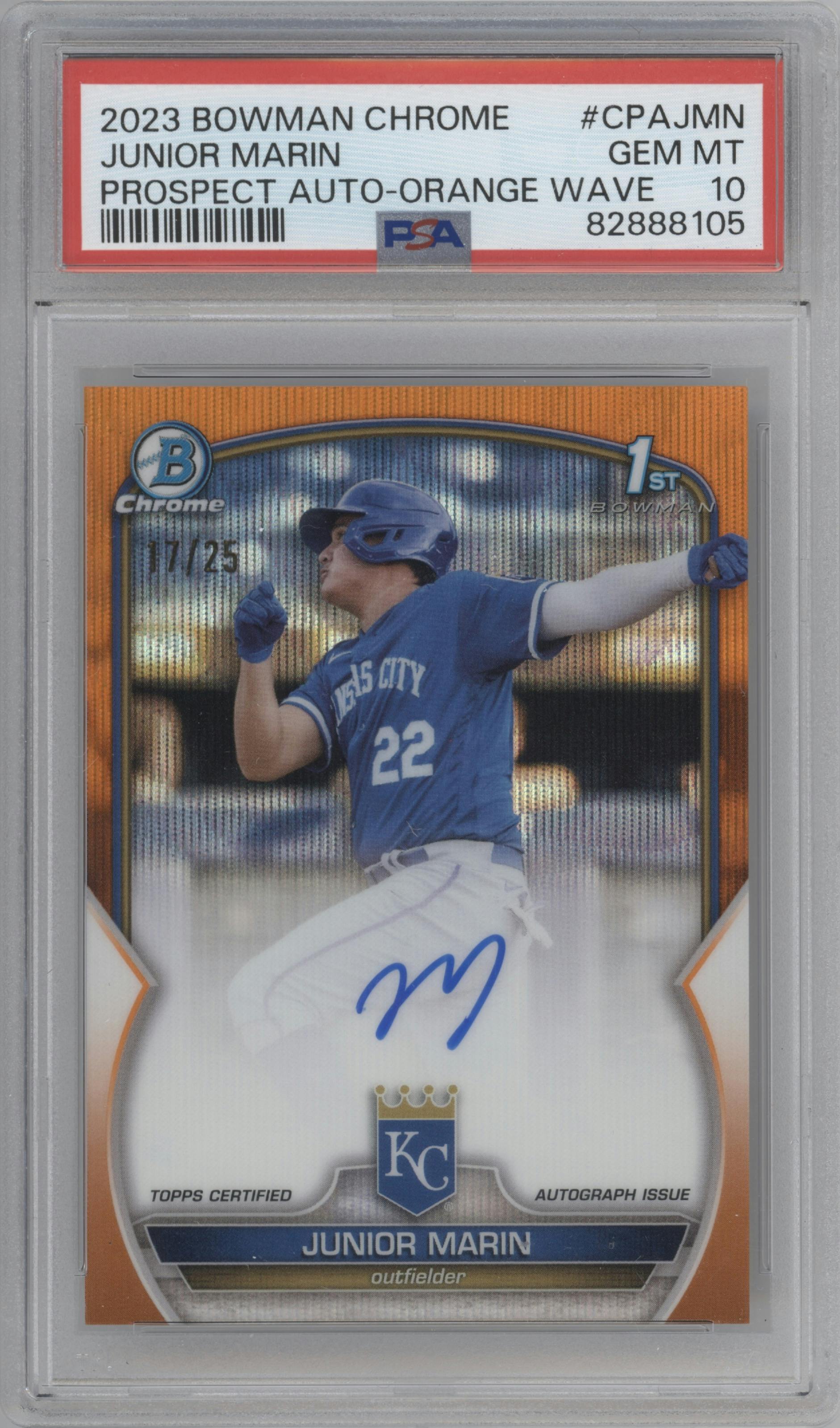 Junior Marin from the 2023 Bowman Chrome set featuring a Orange Wave parallel graded by PSA and given an overall grade of 10.
