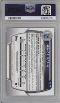Junior Marin from the 2023 Bowman Chrome set featuring a Orange Wave parallel graded by PSA and given an overall grade of 10.