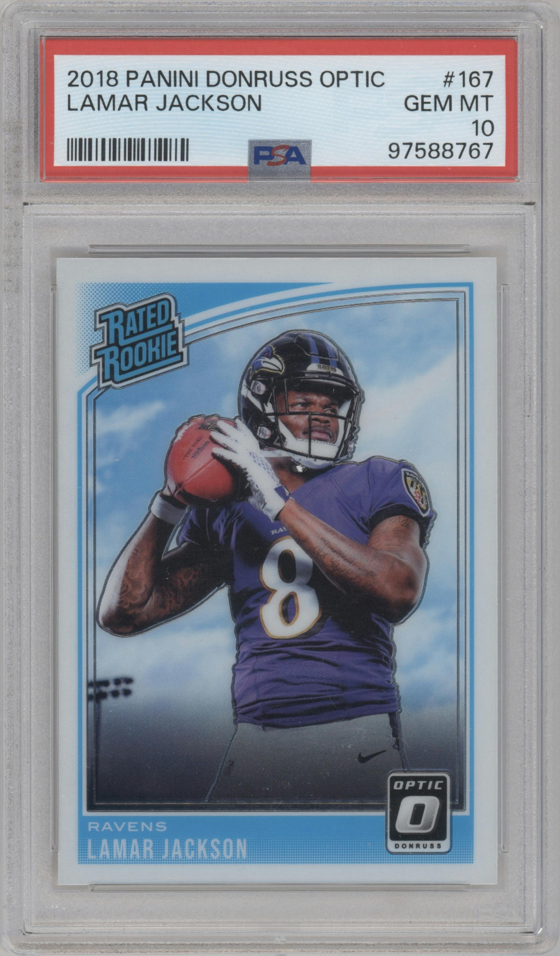 Lamar Jackson from the 2018 Panini Donruss Optic set graded by PSA and given an overall grade of 10.