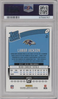 Lamar Jackson from the 2018 Panini Donruss Optic set graded by PSA and given an overall grade of 10.