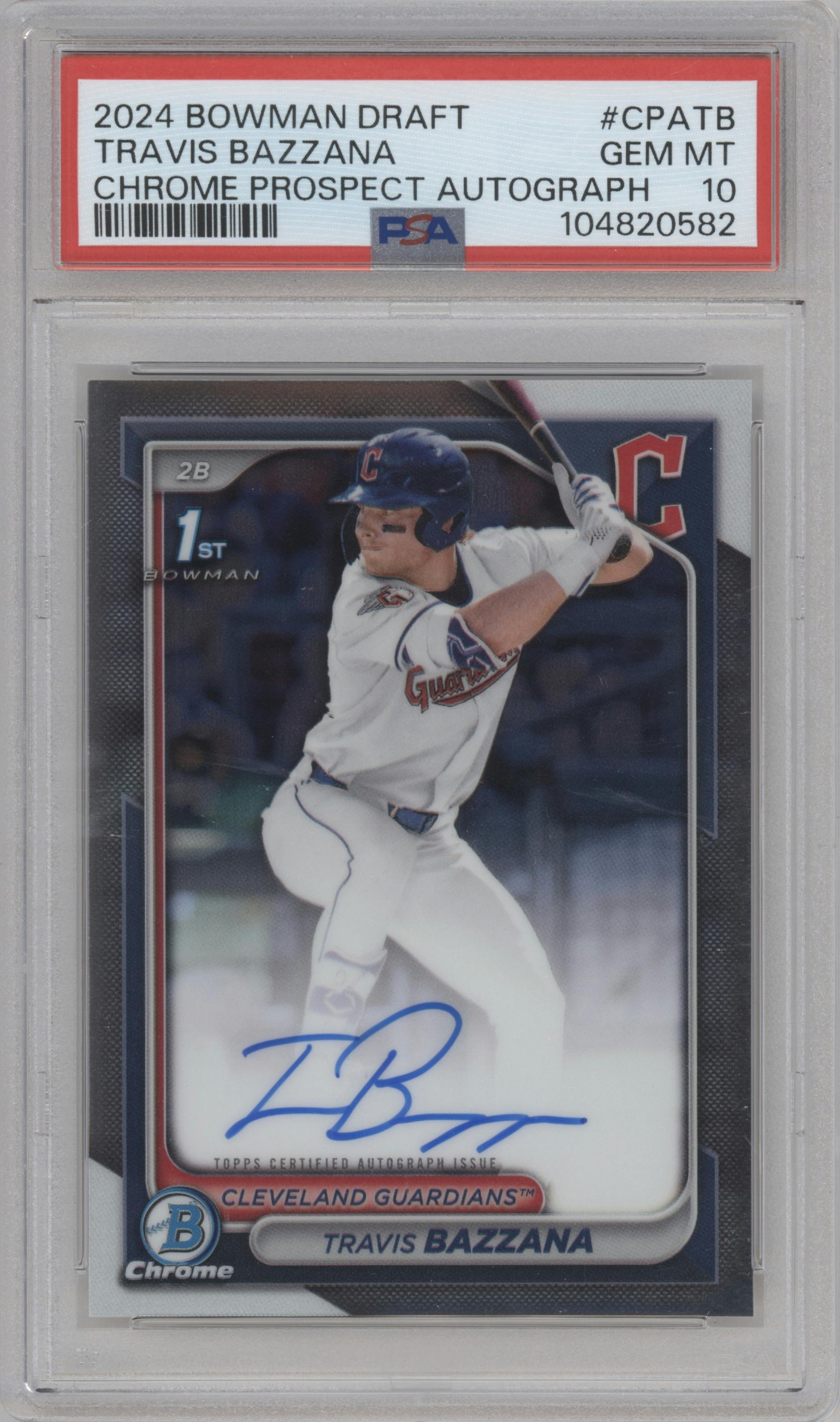 Travis Bazzana from the 2024 Bowman Draft set graded by PSA and given an overall grade of 10.
