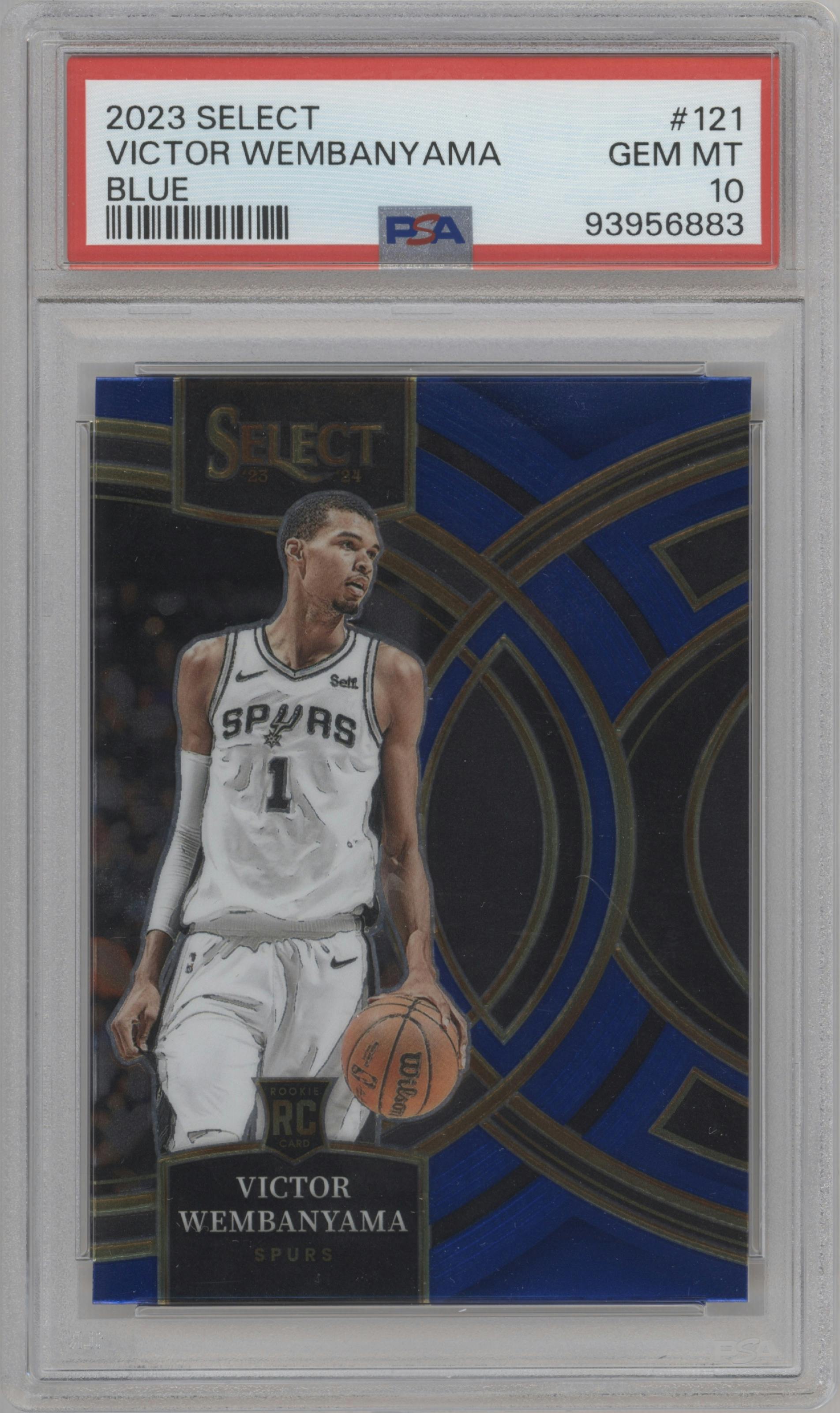 Victor Wembanyama from the 2023-24 Panini Select  set featuring a Blue Retail parallel graded by PSA and given an overall grade of 10.
