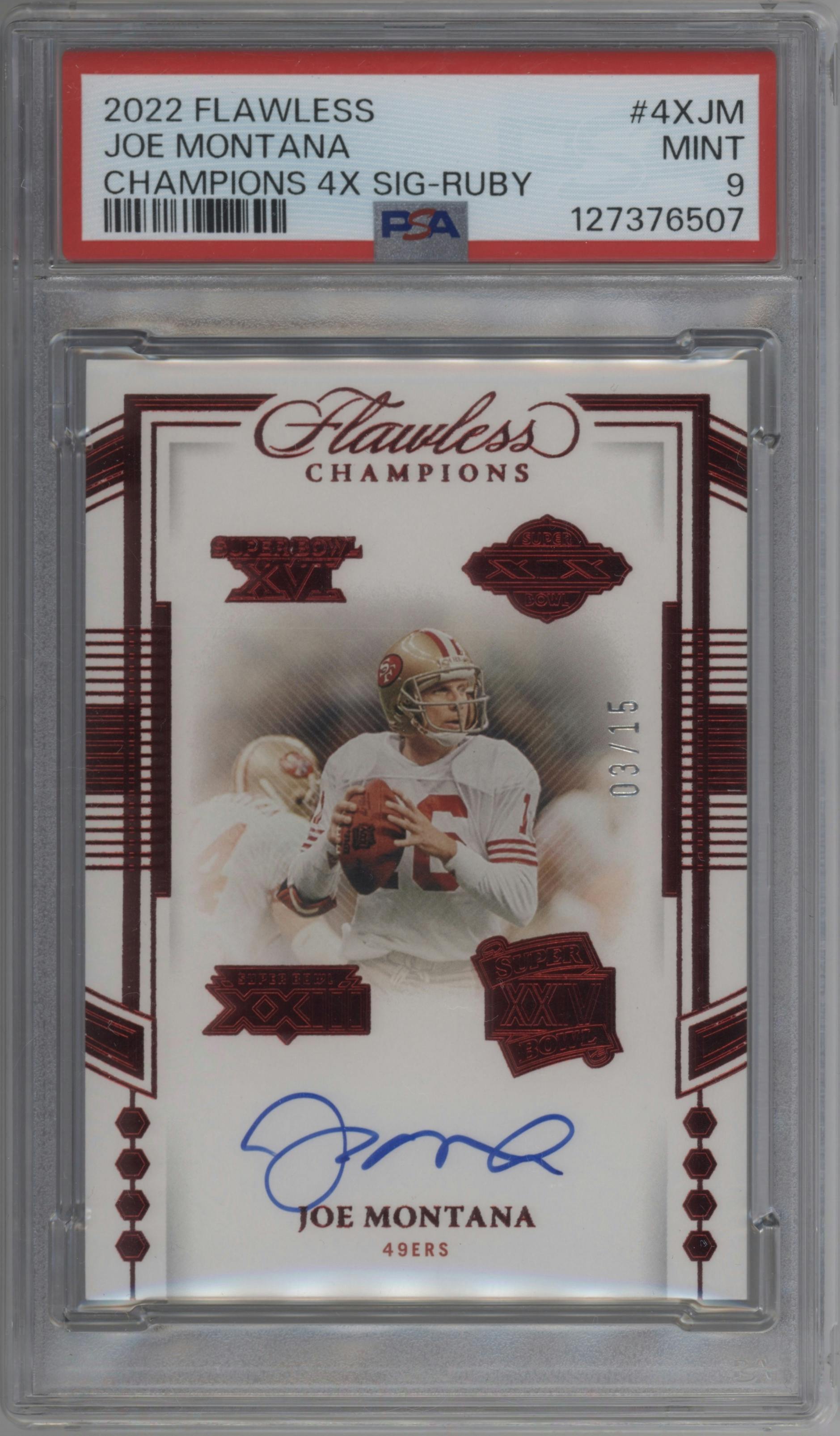 Joe Montana from the 2022 Panini Flawless set featuring a Ruby parallel graded by PSA and given an overall grade of 9.
