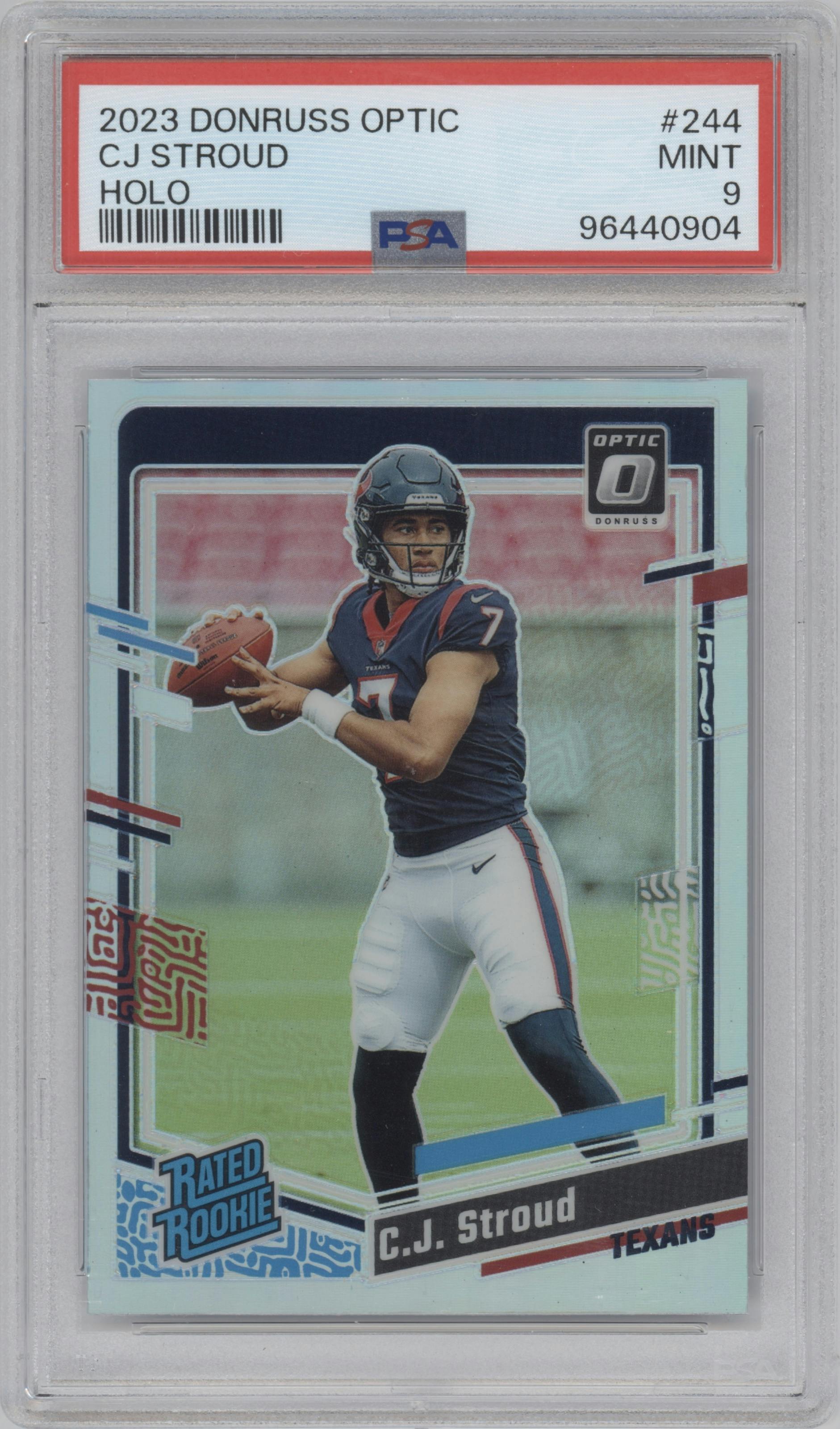 C.J. Stroud from the 2023 Donruss Optic set featuring a Holo parallel graded by PSA and given an overall grade of 9.