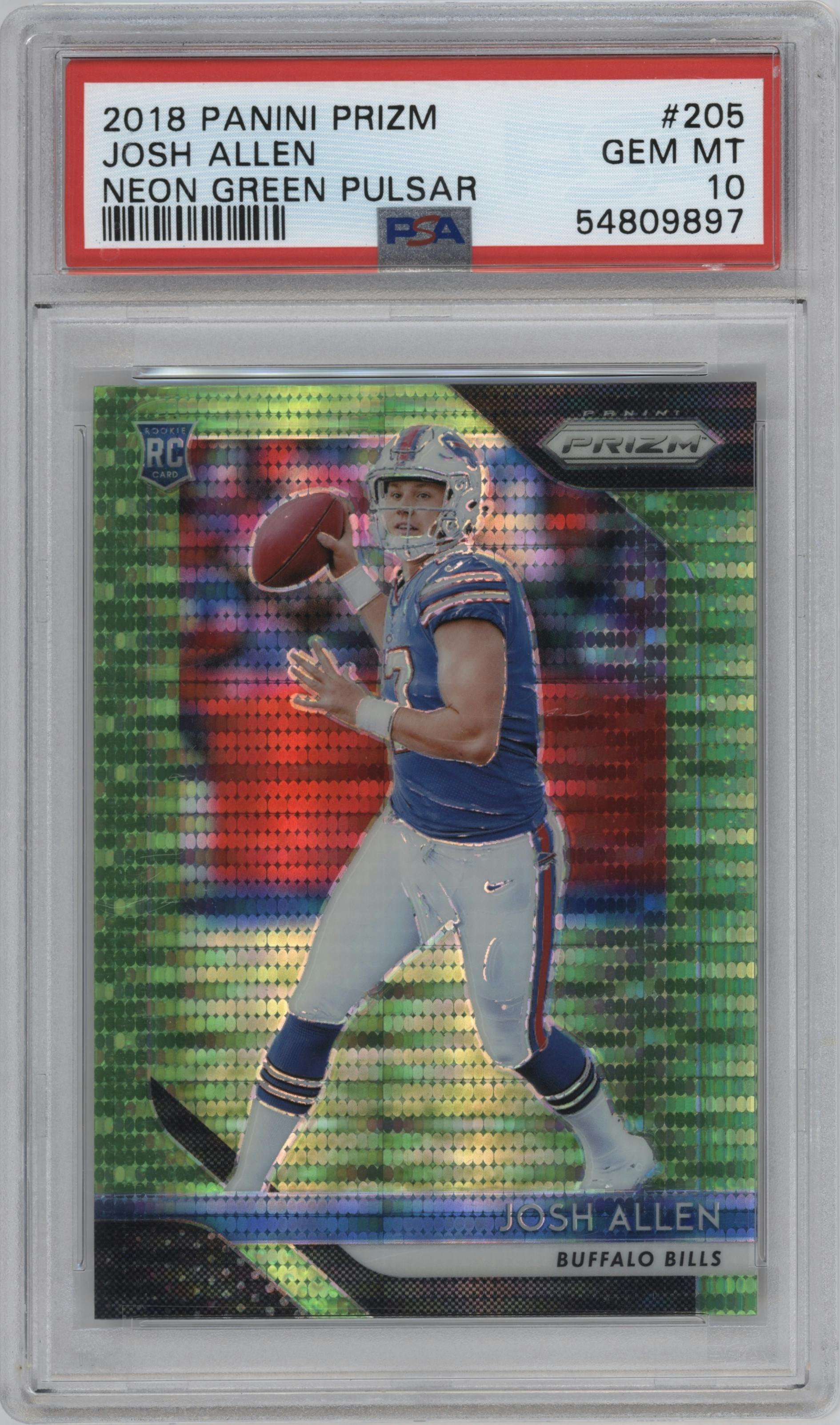 Josh Allen from the 2018 Panini Prizm set featuring a Neon Green Pulsar parallel graded by PSA and given an overall grade of 10.