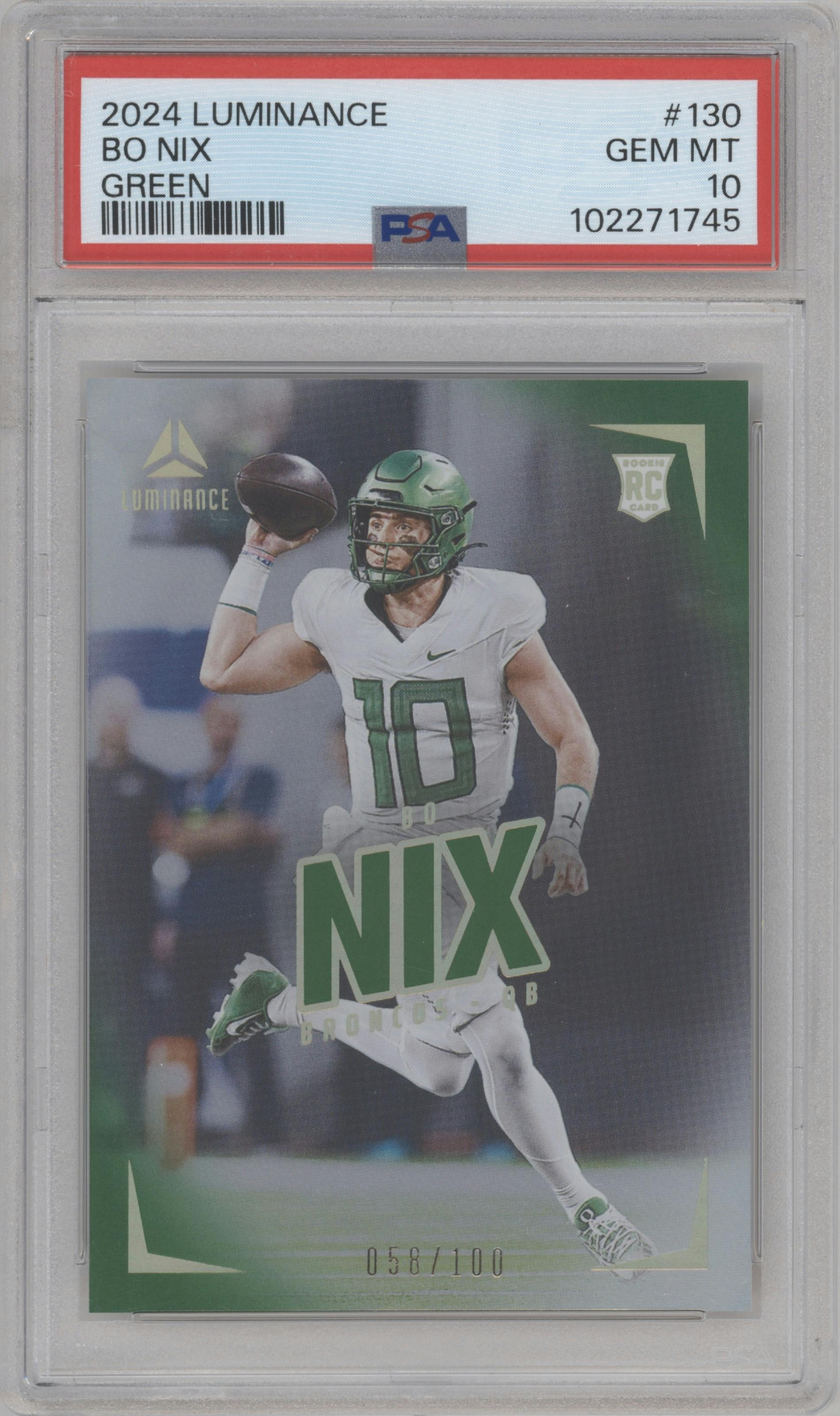 Bo Nix from the 2024 Panini Luminance set featuring a Green parallel graded by PSA and given an overall grade of 10.