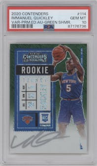 Immanuel Quickley from the 2020-21 Panini Contenders set featuring a Green Shimmer parallel graded by PSA and given an overall grade of 10.