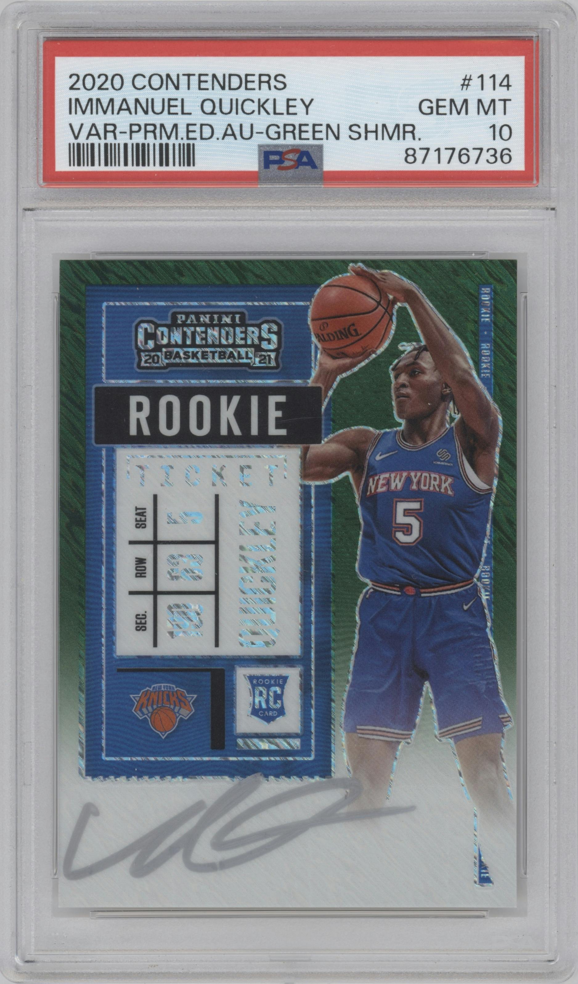 Immanuel Quickley from the 2020-21 Panini Contenders set featuring a Green Shimmer parallel graded by PSA and given an overall grade of 10.