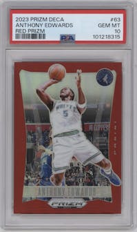  Anthony Edwards from the 2023-24 Panini Prizm Deca set featuring a Red Prizm parallel graded by PSA and given an overall grade of 10.