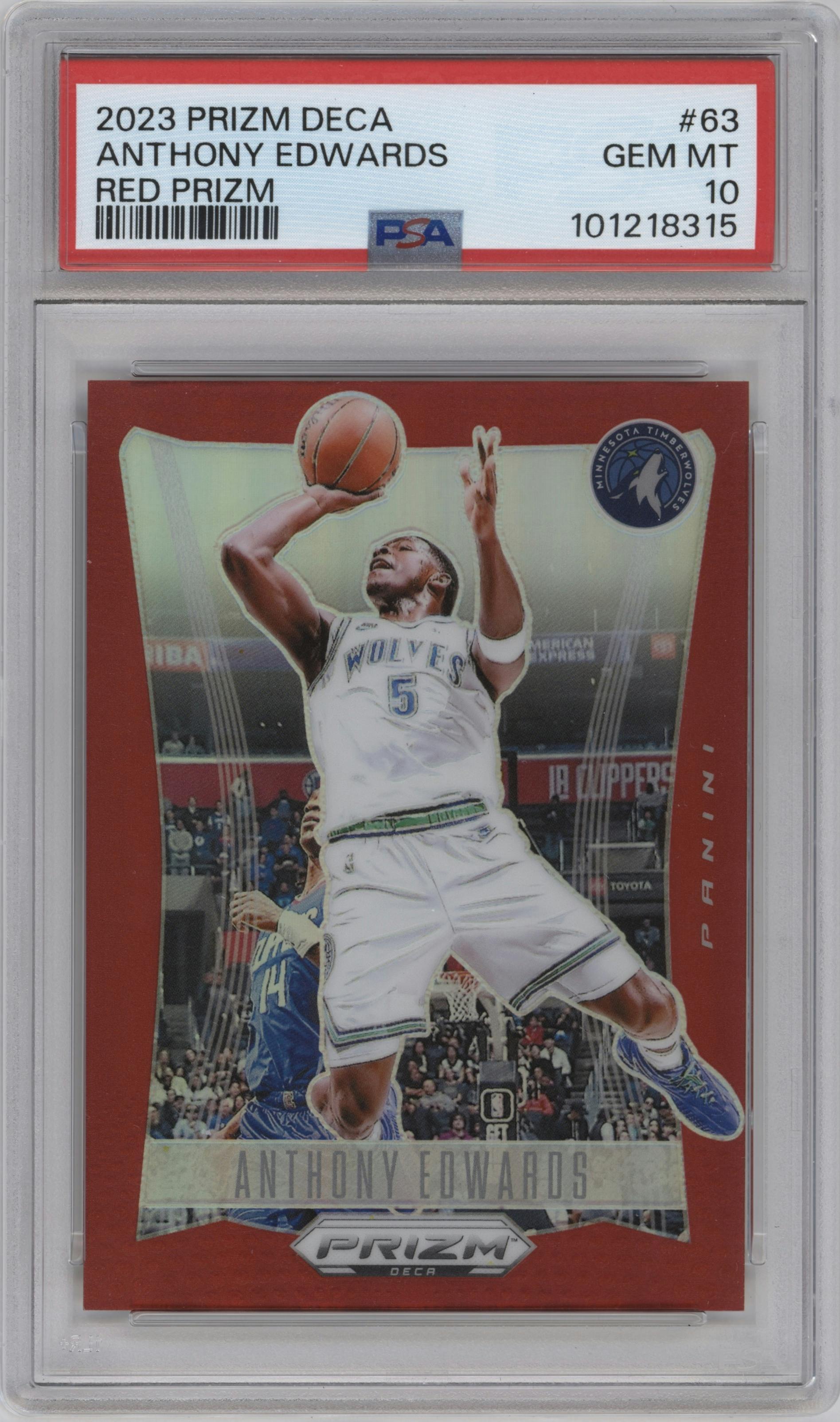  Anthony Edwards from the 2023-24 Panini Prizm Deca set featuring a Red Prizm parallel graded by PSA and given an overall grade of 10.