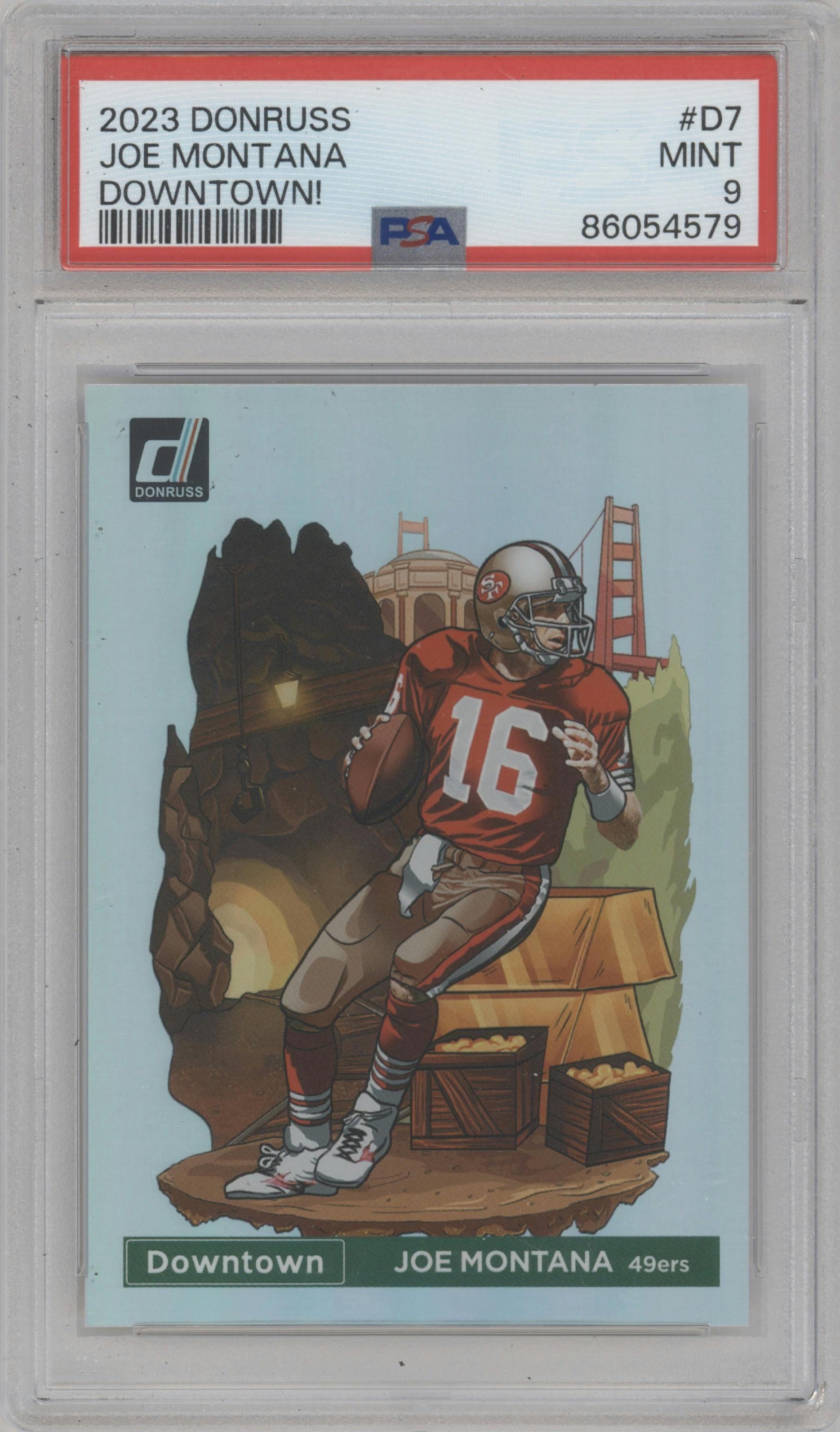 Joe Montana from the 2023 Panini Donruss set graded by PSA and given an overall grade of 9.