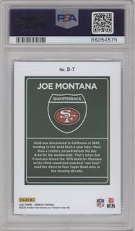 Joe Montana from the 2023 Panini Donruss set graded by PSA and given an overall grade of 9.