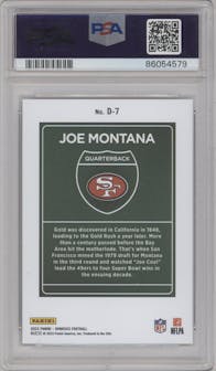 Joe Montana from the 2023 Panini Donruss set graded by PSA and given an overall grade of 9.