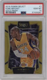 Kobe Bryant from the 2015-16 Panini Select  set featuring a Gold Prizm parallel graded by PSA and given an overall grade of 10.