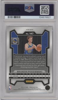 Brandin Podziemski from the 2023-24 Panini Prizm set featuring a Teal Ice parallel graded by PSA and given an overall grade of 10.